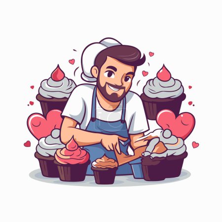 Téléchargez les illustrations : Illustration vectorielle de dessin animé d'un chef masculin décorant des cupcakes. - en licence libre de droit