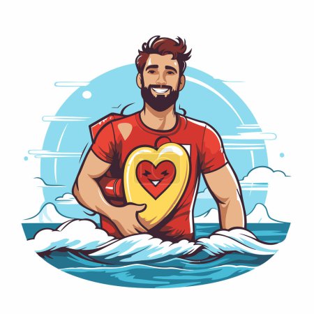Illustration for Bearded man with a heart on a surfboard. Vector illustration - Royalty Free Image