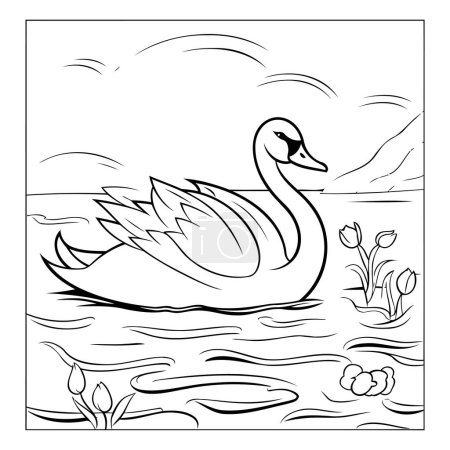 Ilustración de Cisne nadando en el lago. ilustración vectorial en blanco y negro. - Imagen libre de derechos