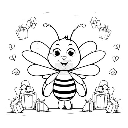 Illustration for Coloring Page Outline Of a Bee With Gifts Vector Illustration - Royalty Free Image