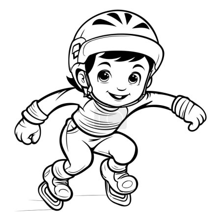 Téléchargez les illustrations : Petit garçon patinant sur patins à roulettes. illustration vectorielle noir et blanc - en licence libre de droit