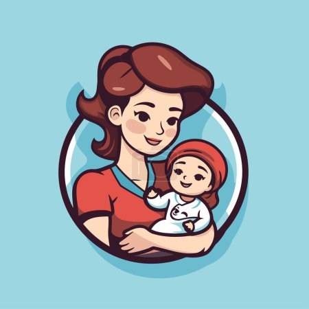 Illustration for Mother holding her baby in her arms. Vector illustration in cartoon style. - Royalty Free Image