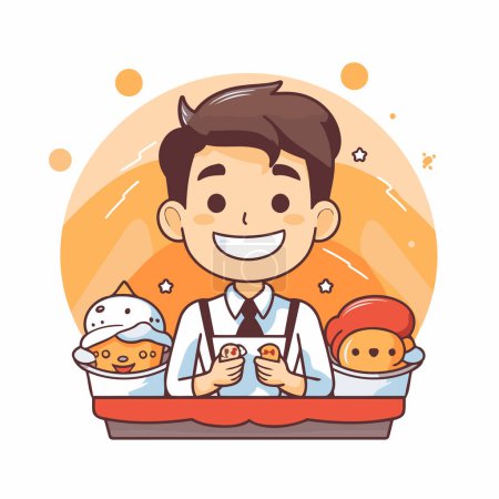 Ilustración de Lindo chico de dibujos animados comiendo sushi en el restaurante. Ilustración vectorial. - Imagen libre de derechos