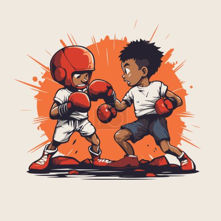 Illustration for African american boy boxing with helmet and gloves. Vector illustration. - Royalty Free Image