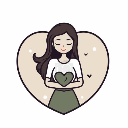 Téléchargez les illustrations : Illustration vectorielle d'une fille aux cheveux longs tenant un cœur dans ses mains - en licence libre de droit