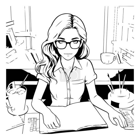 Téléchargez les illustrations : Illustration en noir et blanc d'une jeune femme travaillant à son bureau. - en licence libre de droit