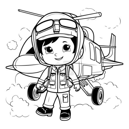 Illustration for Coloring Page Outline Of a Little Boy Pilot With a Helicopter - Royalty Free Image