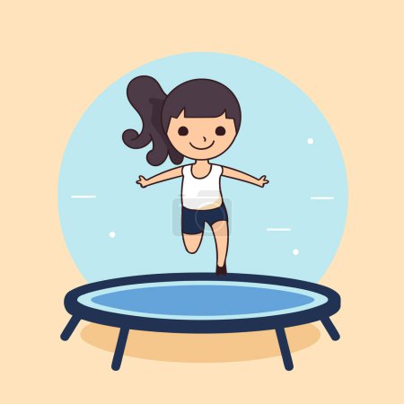 Téléchargez les illustrations : Jolie petite fille sautant sur un trampoline. Illustration vectorielle - en licence libre de droit