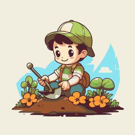 Téléchargez les illustrations : Illustration vectorielle d'un garçon travaillant dans le jardin. plantation de fleurs. - en licence libre de droit