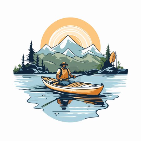 Illustration for Kayaking in the mountains. Vector illustration of a man in a canoe on the lake. - Royalty Free Image