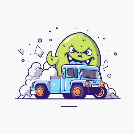 Illustration for Cute cartoon monster driving a truck. Vector illustration in flat style. - Royalty Free Image