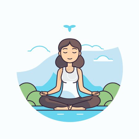 Illustration for Vector illustration of woman meditating in lotus position on nature background. - Royalty Free Image