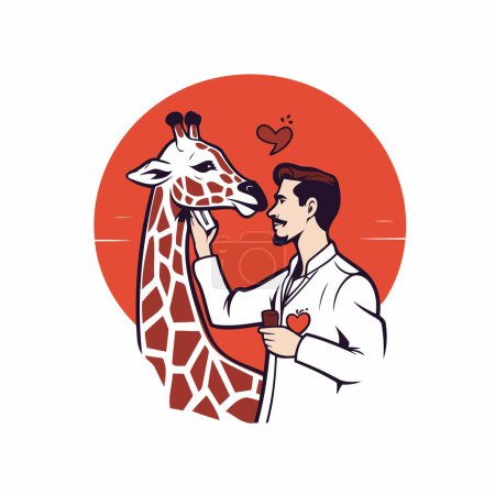 Téléchargez les illustrations : Illustration vectorielle d'un homme embrassant une girafe avec le cœur dans la main - en licence libre de droit