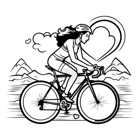 Illustration for Cyclist woman with a heart in the mountains. Vector illustration. - Royalty Free Image