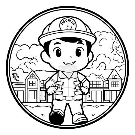 Ilustración de Ilustración de dibujos animados en blanco y negro de un niño con uniforme de bombero o casco de bombero para colorear libro - Imagen libre de derechos