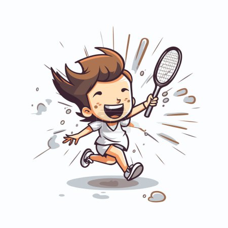 Téléchargez les photos : Joli garçon de dessin animé jouant au badminton. Illustration vectorielle clip art. - en image libre de droit