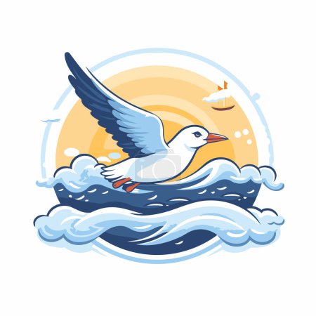 Illustration for Seagull flying over the sea. Vector illustration on white background. - Royalty Free Image