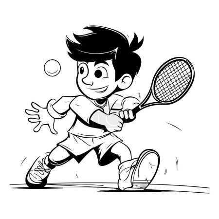 Téléchargez les illustrations : Joueur de tennis - Dessin animé noir et blanc d'un joueur de tennis - en licence libre de droit