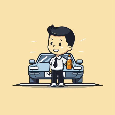 Téléchargez les illustrations : Homme d'affaires avec voiture sur la route. Illustration vectorielle de dessin animé plat. - en licence libre de droit
