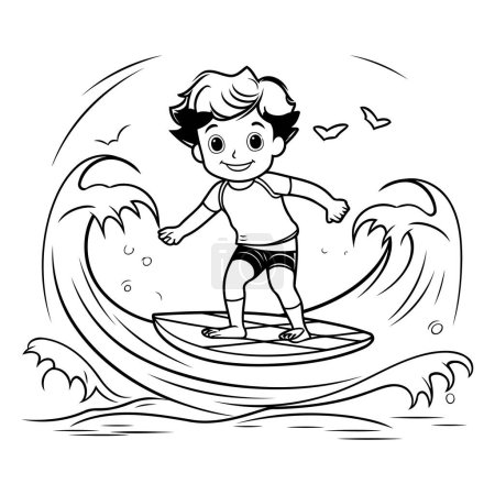 Illustration for Boy surfing on a wave. Black and white vector illustration for coloring book. - Royalty Free Image