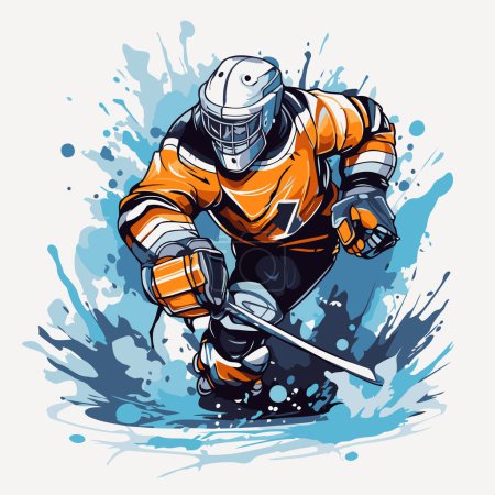 Illustration for Ice hockey player with the stick and puck in action. Vector illustration. - Royalty Free Image