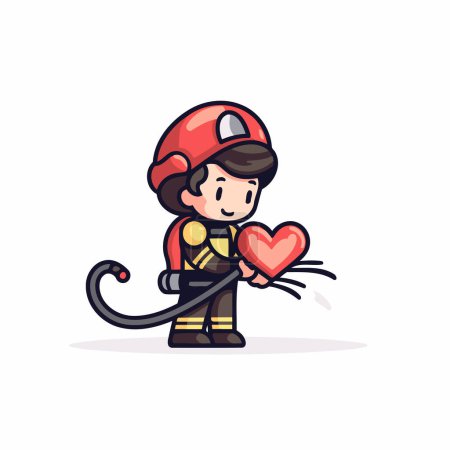 Ilustración de Bombero sosteniendo un corazón rojo. Ilustración vectorial en estilo de dibujos animados. - Imagen libre de derechos