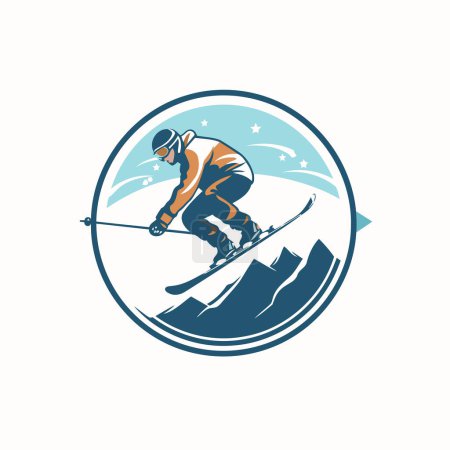 Téléchargez les illustrations : Je skie. Modèle de conception de logo vectoriel de sport extrême. Skieur en casque et lunettes sautant avec des skis sur fond de montagne. - en licence libre de droit