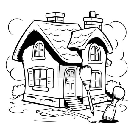 Téléchargez les illustrations : Illustration noir et blanc de la maison avec pinceau pour livre à colorier - en licence libre de droit