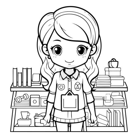 Téléchargez les illustrations : Livre à colorier pour enfants : fille en uniforme scolaire avec étagères - en licence libre de droit