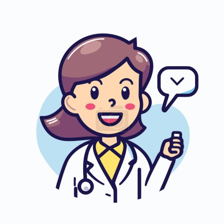 Téléchargez les illustrations : Illustration vectorielle d'une femme médecin souriante avec bulle vocale. Design de style plat. - en licence libre de droit