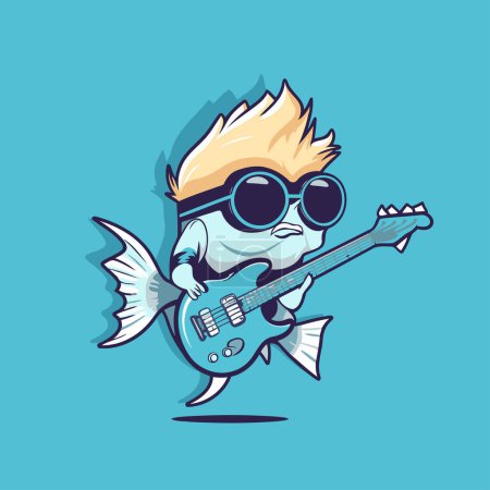 Cute cartoon rock musician with guitar and sunglasses. Vector illustration.