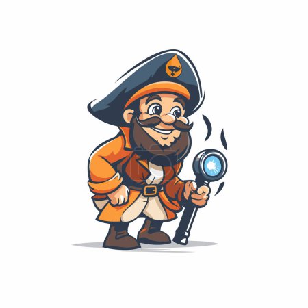 Illustration for Cartoon pirate character with a magnifying glass. Vector illustration. - Royalty Free Image