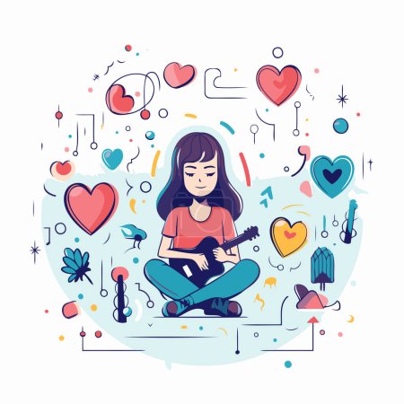 Illustration for Vector illustration of girl playing guitar on white background. Music concept. - Royalty Free Image