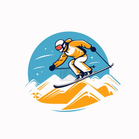 Illustration for Skiing icon. Vector illustration of skier in helmet and goggles skiing downhill in mountains. - Royalty Free Image