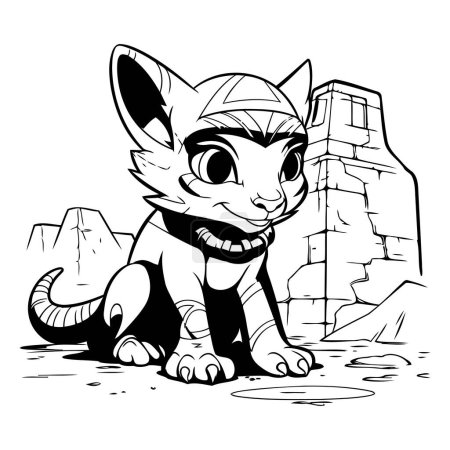 Téléchargez les illustrations : Image vectorielle d'un chat sur le fond d'une ville ancienne. - en licence libre de droit