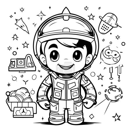 Téléchargez les illustrations : Illustration vectorielle du petit garçon mignon en costume spatial. Livre à colorier pour enfants. - en licence libre de droit
