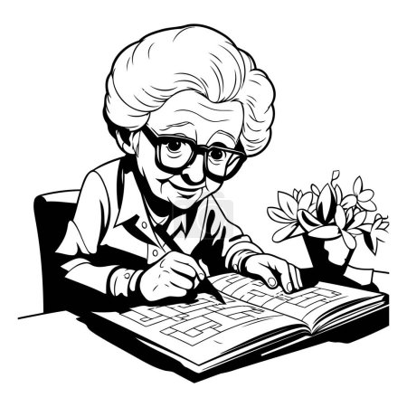 Ilustración de Mujer mayor leyendo un libro - ilustración vectorial en blanco y negro - Imagen libre de derechos