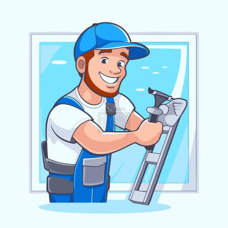 Illustration for Smiling plumber at work. Vector illustration in cartoon style. - Royalty Free Image