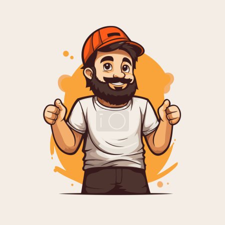 Téléchargez les illustrations : Dessin animé homme barbu dans un chapeau et t-shirt. Illustration vectorielle. - en licence libre de droit