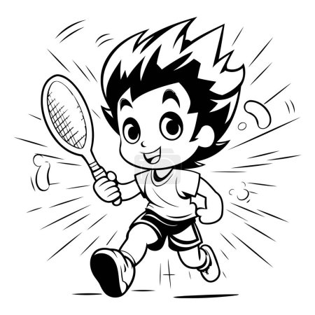 Ilustración de Boy playing badminton - Black and White Cartoon Illustration (en inglés). Vector - Imagen libre de derechos