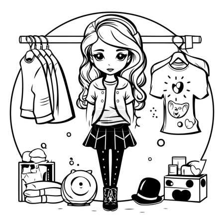 Ilustración de Ilustración vectorial en blanco y negro de una linda niña eligiendo ropa. - Imagen libre de derechos