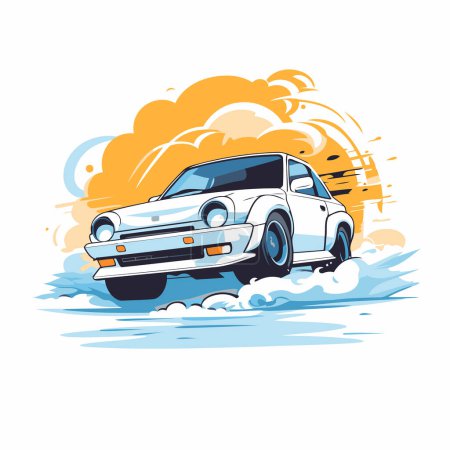 Téléchargez les illustrations : Illustration vectorielle d'une voiture sur fond de nuages et de ciel. - en licence libre de droit