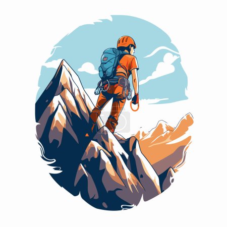 Illustration for Climber with a backpack climbs up the mountain. Vector illustration. - Royalty Free Image