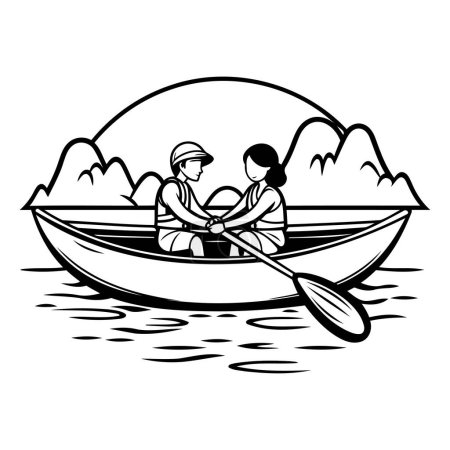 Illustration for Couple in a boat on the lake. Black and white vector illustration - Royalty Free Image
