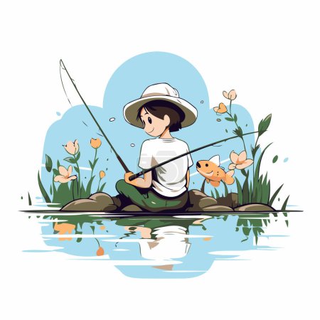 Ilustración de Pescador con caña de pescar y pez. Ilustración vectorial. - Imagen libre de derechos