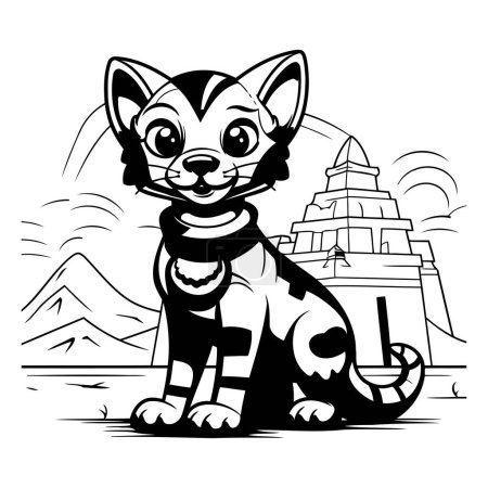 Téléchargez les illustrations : Chat dessin animé mignon sur le fond du temple. Illustration vectorielle - en licence libre de droit