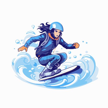 Téléchargez les illustrations : Snowboarder girl chevauchant une vague. Illustration vectorielle dans le style dessin animé. - en licence libre de droit