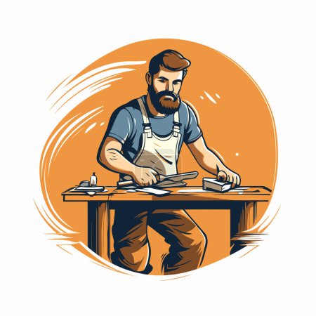 Illustration for Carpenter working at his desk. Vector illustration in retro style. - Royalty Free Image