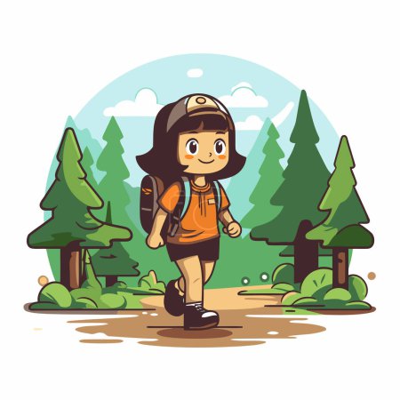 Téléchargez les illustrations : Petit garçon mignon avec sac à dos randonnée dans la forêt. Illustration vectorielle. - en licence libre de droit