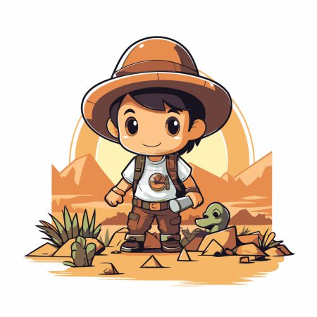 Ilustración de Lindo explorador niño de dibujos animados en el desierto vector ilustración diseño gráfico. - Imagen libre de derechos